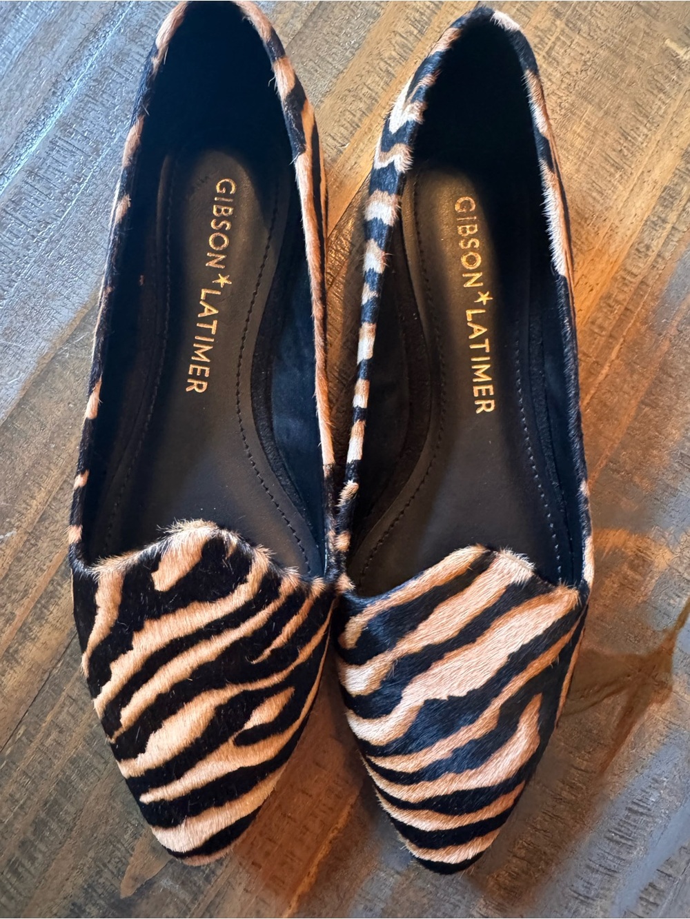 Gibson Latimer Zebra-Print Pointed Flats in Black & Tan